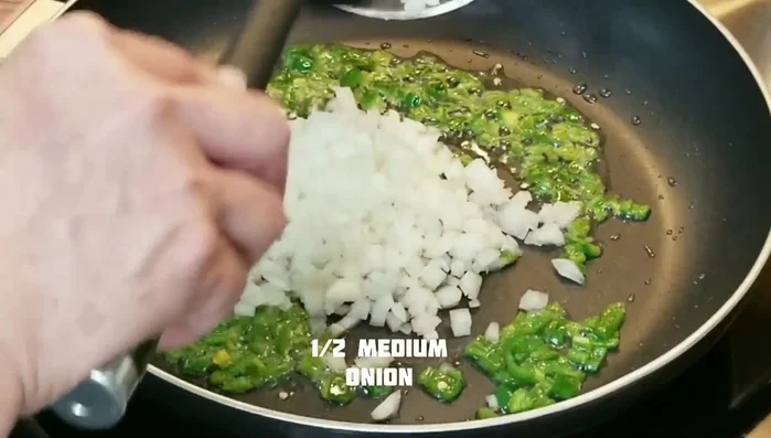 Add 1 medium chopped onion and cook until slightly firm, not translucent.