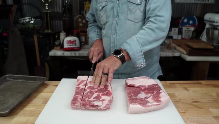 Cut pork belly into square strips for better marinade absorption.