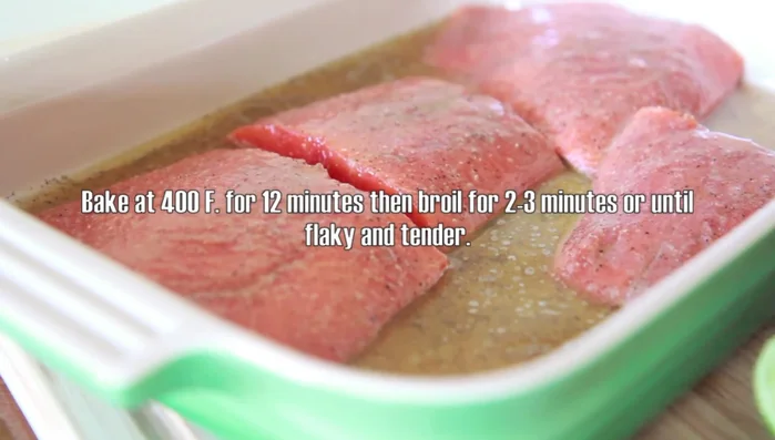 Bake salmon at 400°F for 12 minutes, then broil for 2-3 minutes until cooked through and flaky.