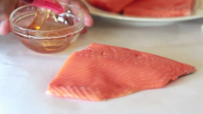 Pat salmon fillets dry and brush generously with honey. Sprinkle with salt and pepper. Place in a baking pan.