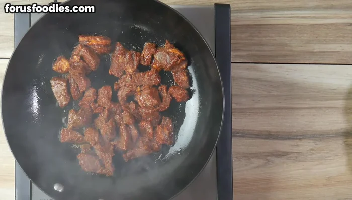 Sear the marinated meat in batches in a hot pan until nicely charred, about 3-4 minutes per batch.