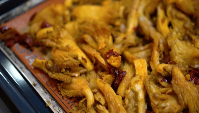 Roast the mushrooms in a 400° oven until golden brown.