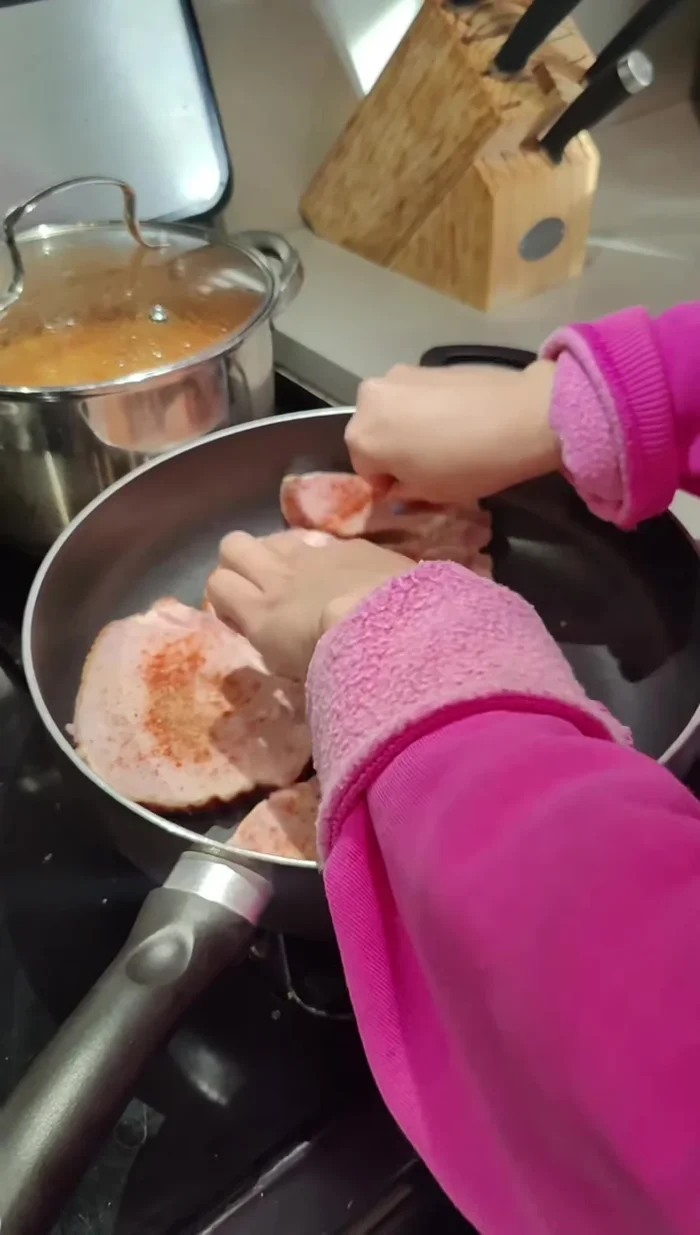 Cook the chops on both sides until browned. They cook quickly.