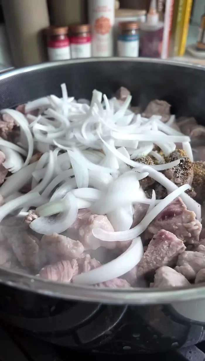 Add spices and onion. Cook for a couple of minutes.