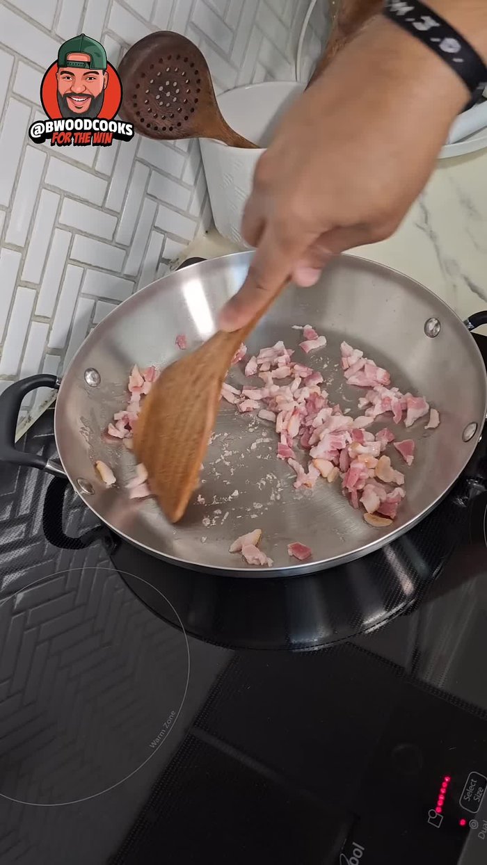 Cook bacon to render the fat. Add hot dogs and cook together.