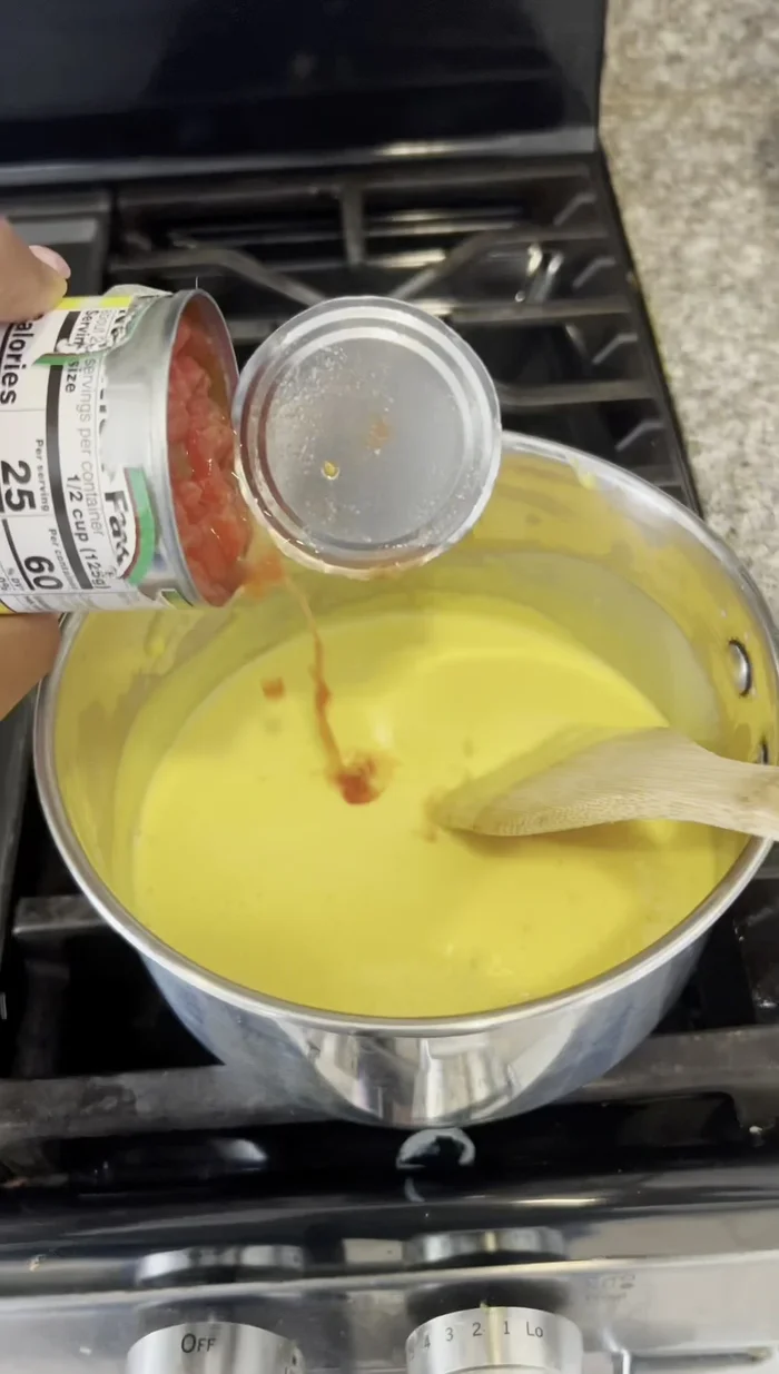 Stir in Rotel tomatoes to the melted cheese.
