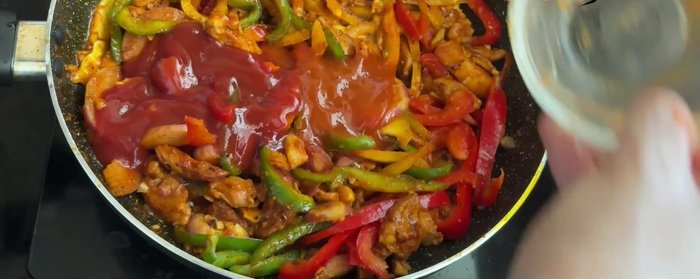 Add tomato ketchup, red chili sauce, red garlic chili sauce, soy sauce, and vinegar. Stir well and bring to a slight boil.