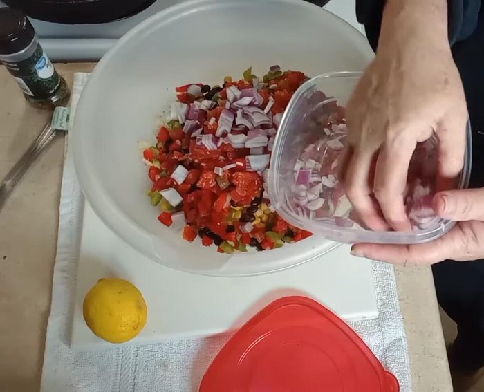Dice about half a red onion.