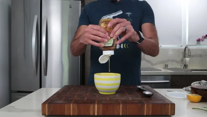 Make honey mustard sauce: combine dijon mustard, honey, greek yogurt, lemon juice, and salt.