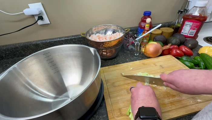 Chop celery finely. You can remove the ribs if desired.