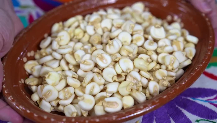 Soak the dried corn in very hot water for 3-4 minutes, then let it soak overnight (50.34). Remove the pedicel from each corn kernel (63.0).