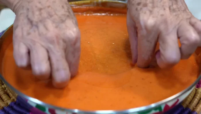 Dip each tortilla in the sauce, fill with shredded chicken, fold, and place in a baking dish.
