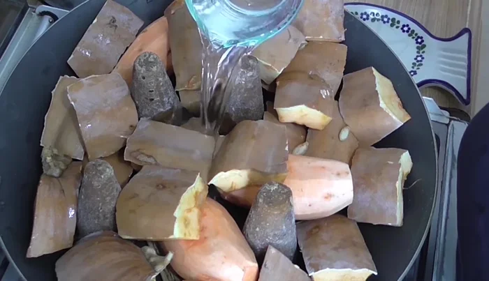 Add two cups of water. (The pumpkin will release its own water during cooking).
