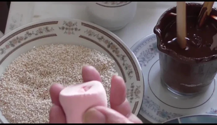 Insert the lollipop sticks into the candies.