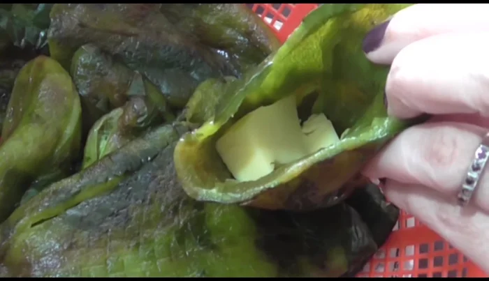 Stuff the poblano peppers with cheese.