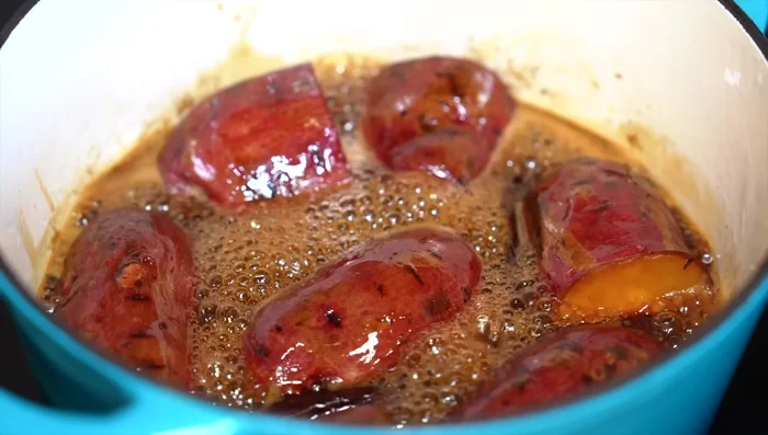 Check if sweet potatoes are cooked by inserting a knife. It should go in and out easily.