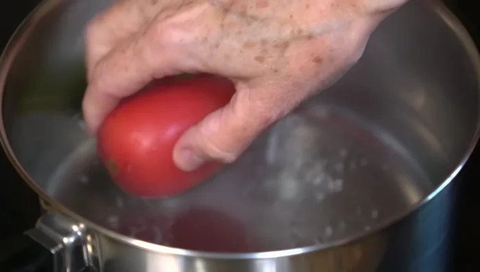Cook serrano pepper in water, then add tomatoes until skins burst. Blend with onion, garlic, serrano pepper, spices, and tomato cooking water.