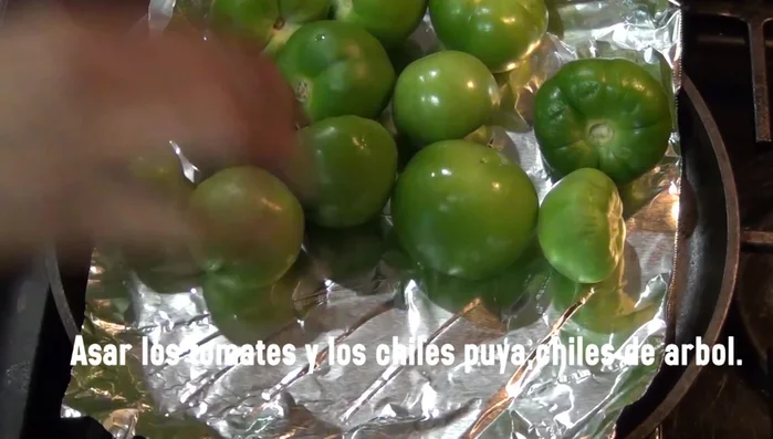 Roast the tomatoes, chiles de árbol, and chiles puya. Let them cool and then blend them with water.