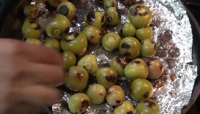 While chilis are roasting, prepare the sauce: Blend the tomatillos, roasted chilis, garlic, and salt in a blender until smooth.