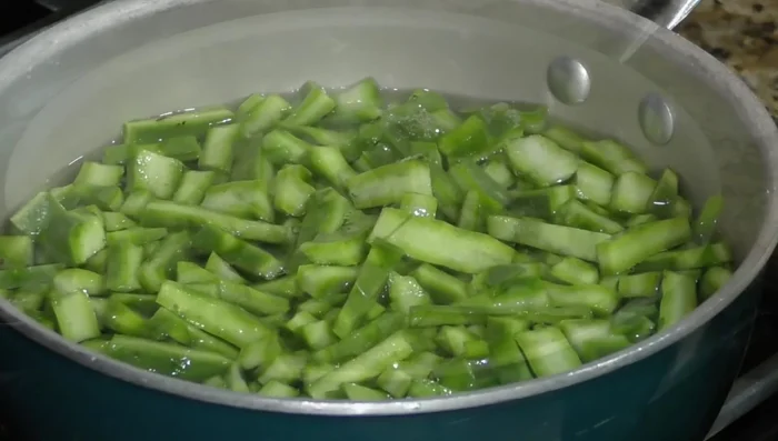 Boil nopales with 2 sprigs of cilantro, 3 tomato peels, and 1/4 onion. Add a little less than a teaspoon of salt. (65.119)