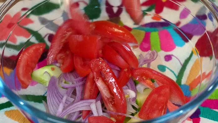 Toss salad with dressing.
