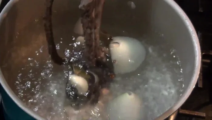 Add the octopus to the boiling water. Briefly remove and re-add to prevent the skin from coming off. (226.52)