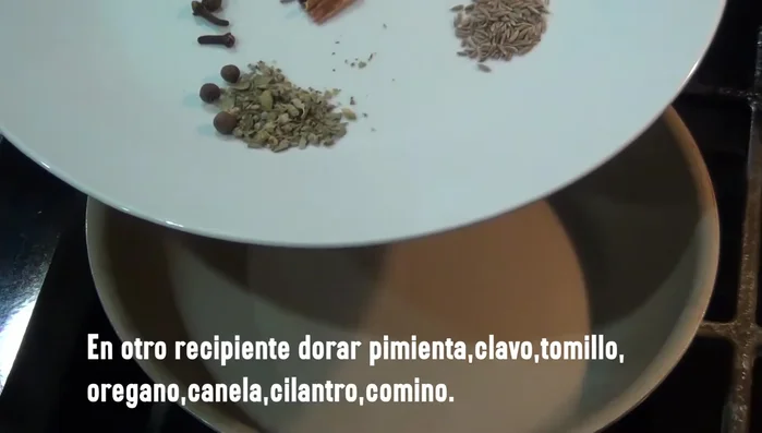 Toast allspice, cloves, thyme, cumin, oregano, and coriander seeds in a pan until fragrant. Remove and reserve.