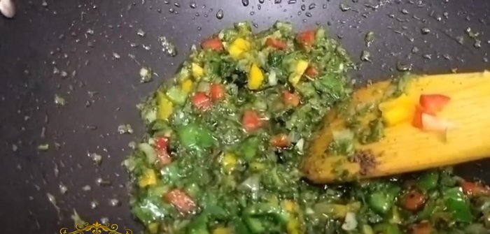 Add the cooked rice to the pan and stir to combine everything well. Cook for a few minutes until heated through and the rice is green.