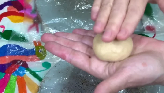 Take a portion of the dough and flatten it to form a disc (testal). You can use a tortilla press between two pieces of plastic or flatten it by hand.